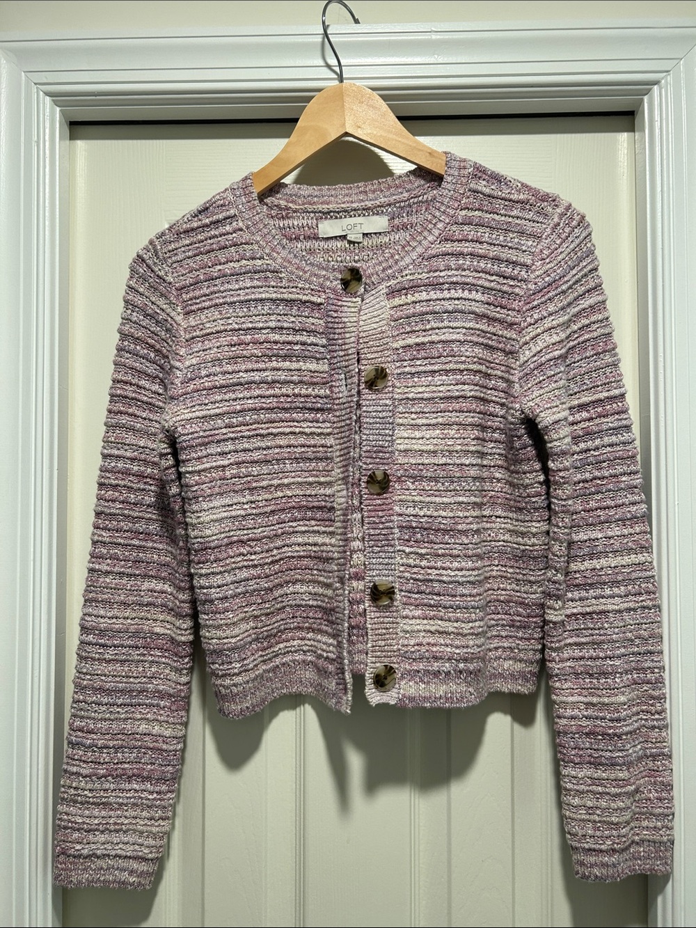 LOFT Lavender & Cream Striped Knit Button Cardigan